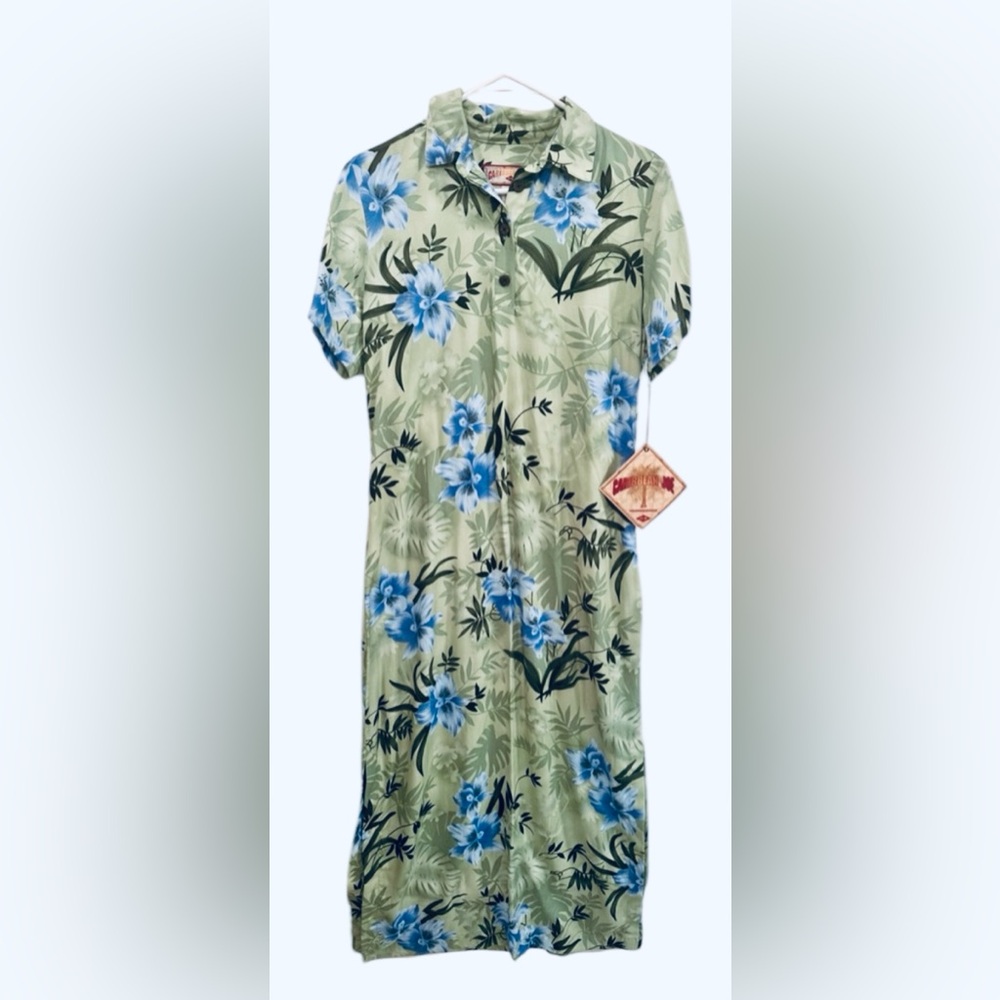 Caribbean Joe Green Dress Tropical Hawaiian print Rayon maxi size M